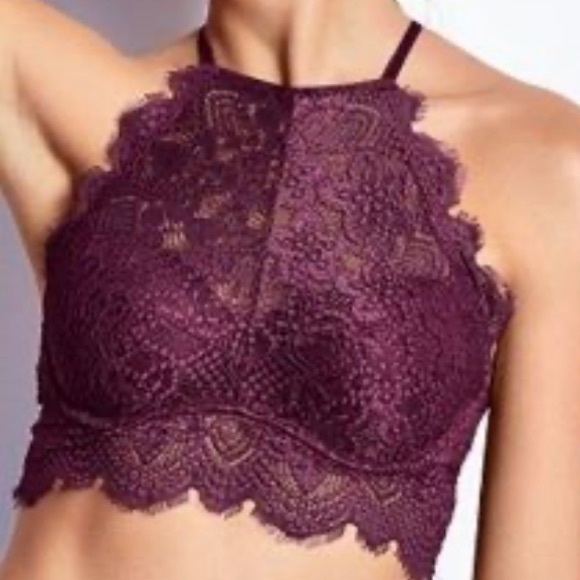 PINK Victoria Secret High Neck Eyelash Lace Maroon Bra - Picture 2 of 9